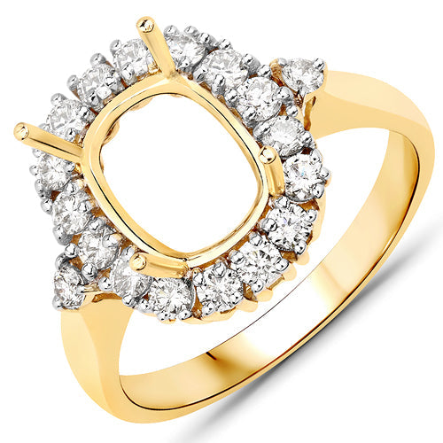 0.54 Carat Genuine White Diamond 14K Yellow Gold Semi Mount Ring - holds 9x7mm Cushion Gemstone