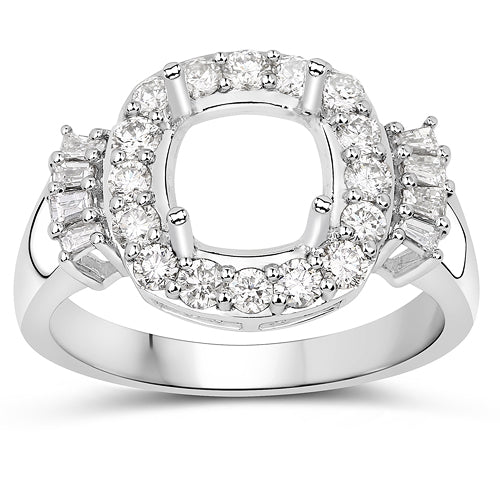0.73 Carat Genuine White Diamond 14K White Gold Semi Mount Ring - holds 8x8mm Cushion Gemstone