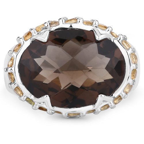 9.58 Carat Genuine Smoky Quartz and Citrine .925 Sterling Silver Ring