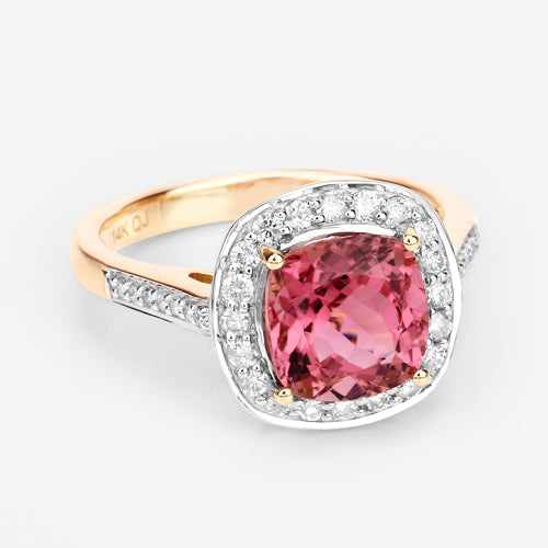 2.71 Carat Genuine Royal Pink Tourmaline and White Diamond 14K Yellow Gold Ring