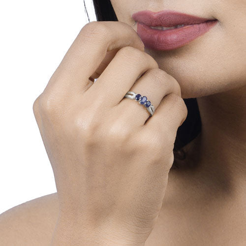0.73 Carat Genuine Blue Sapphire and White Diamond 14K White Gold Ring