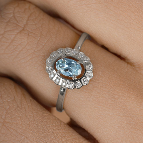 0.44 Carat Genuine Aquamarine and White Diamond 14K White Gold Ring