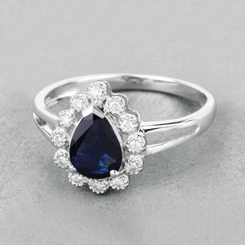 1.46 Carat Genuine Blue Sapphire and White Diamond 10K White Gold Ring