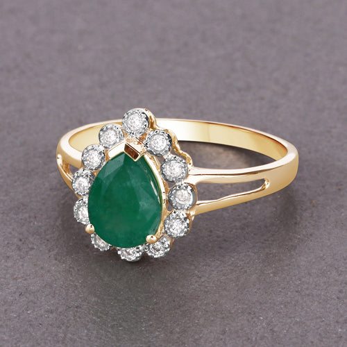 1.22 Carat Genuine Zambian Emerald and White Diamond 14K Yellow Gold Ring