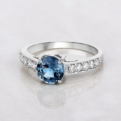 1.90 Carat Genuine Blue Sapphire and White Diamond 14K White Gold Ring