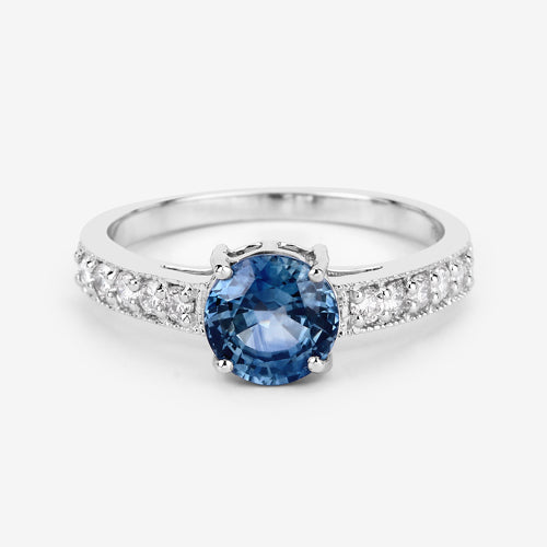 1.90 Carat Genuine Blue Sapphire and White Diamond 14K White Gold Ring