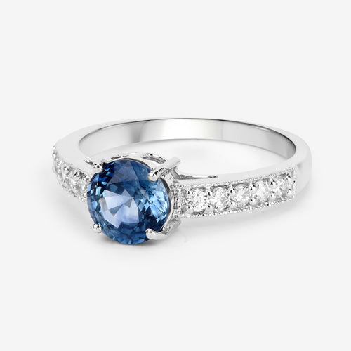1.90 Carat Genuine Blue Sapphire and White Diamond 14K White Gold Ring