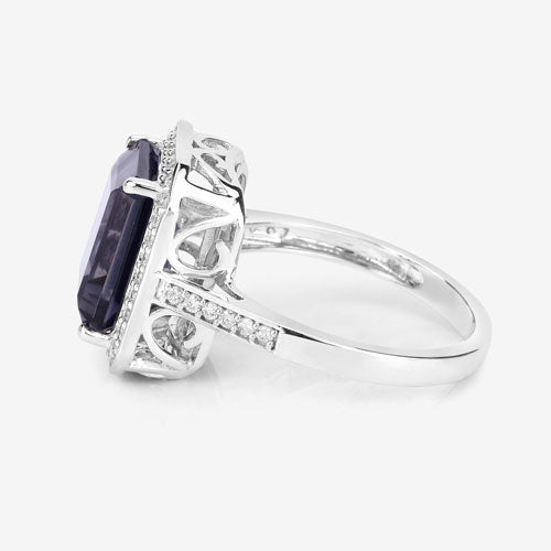 3.70 Carat Genuine Iolite and White Diamond 14K White Gold Ring