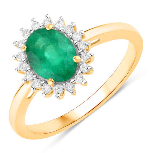 1.34 Carat Genuine Zambian Emerald and White Diamond 14K Yellow Gold Ring