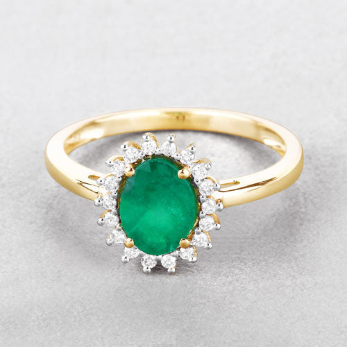 1.34 Carat Genuine Zambian Emerald and White Diamond 14K Yellow Gold Ring