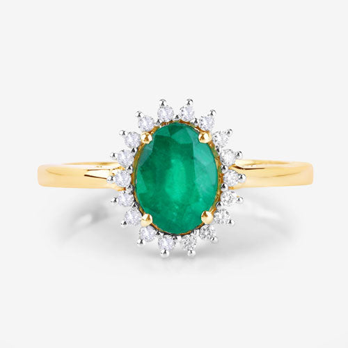 1.34 Carat Genuine Zambian Emerald and White Diamond 14K Yellow Gold Ring