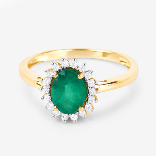 1.34 Carat Genuine Zambian Emerald and White Diamond 14K Yellow Gold Ring