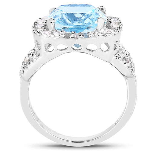 5.17 Carat Genuine Blue Topaz and White Topaz .925 Sterling Silver Ring