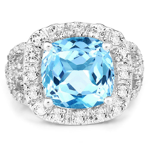 5.17 Carat Genuine Blue Topaz and White Topaz .925 Sterling Silver Ring