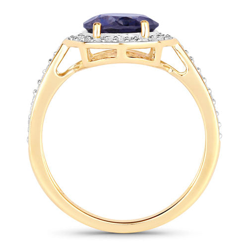 1.79 Carat Genuine Iolite and White Diamond 14K Yellow Gold Ring