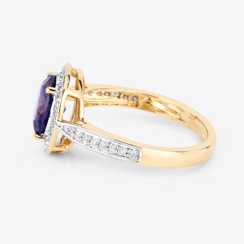 1.79 Carat Genuine Iolite and White Diamond 14K Yellow Gold Ring