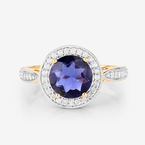 1.79 Carat Genuine Iolite and White Diamond 14K Yellow Gold Ring