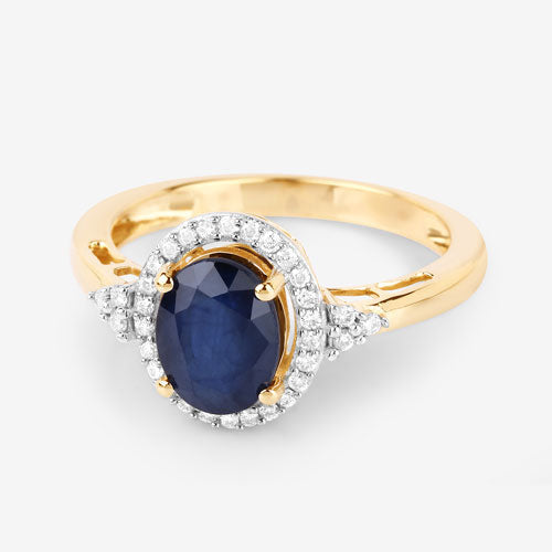 1.70 Carat Genuine Blue Sapphire and White Diamond 14K Yellow Gold Ring