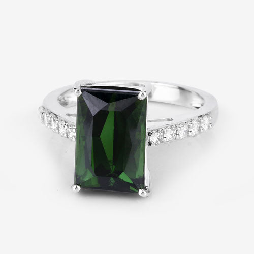 6.16 Carat Genuine Green Tourmaline and White Diamond 14K White Gold Ring