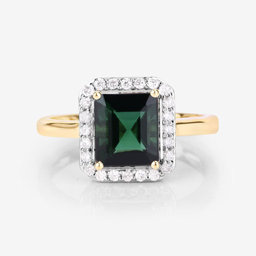 3.02 Carat Genuine Green Tourmaline and White Diamond 14K Yellow Gold Ring