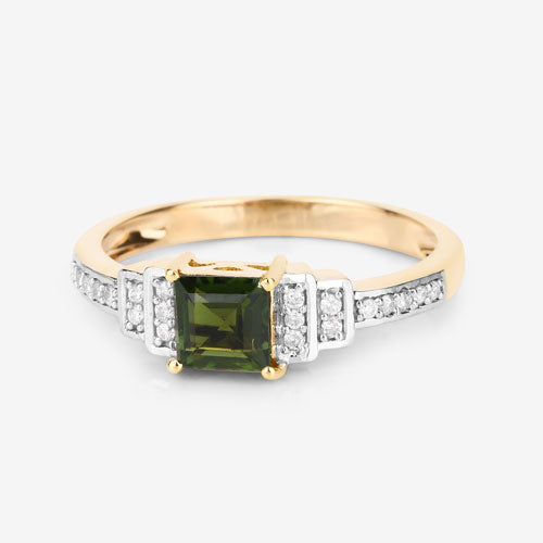 0.72 Carat Genuine Green Tourmaline and White Diamond 14K Yellow Gold Ring