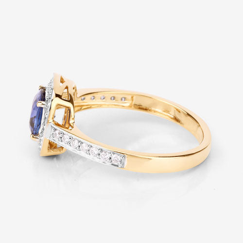 1.31 Carat Genuine Blue Sapphire and White Diamond 18K Yellow Gold Ring