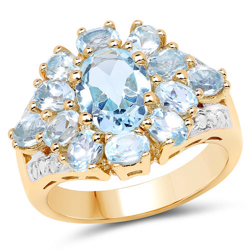 14K Yellow Gold Plated 4.28 Carat Genuine Blue Topaz .925 Sterling Silver Ring