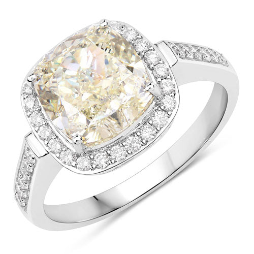 IGI Certified 4.02 Carat Genuine Light Yellow Diamond Center and 0.36cttw White Diamond 18K White Gold Ring (4.38cttw)