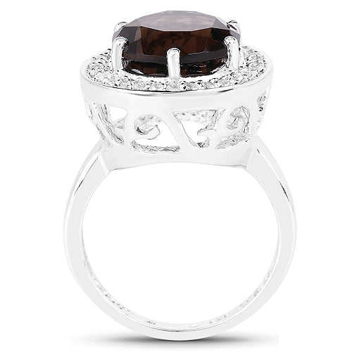 4.52 Carat Genuine Smoky Quartz and White Topaz .925 Sterling Silver Ring
