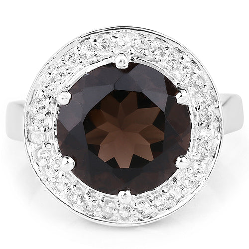 4.52 Carat Genuine Smoky Quartz and White Topaz .925 Sterling Silver Ring