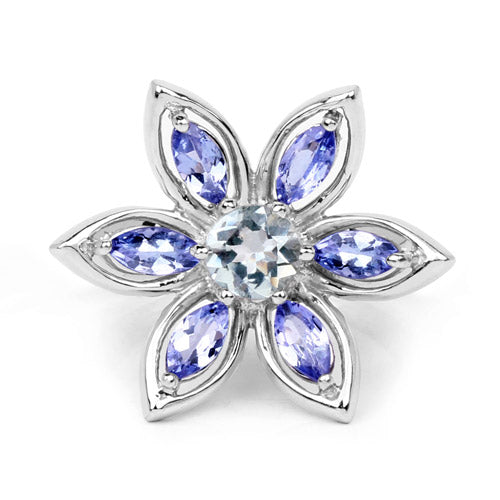 1.34 Carat Genuine Aquamarine and Tanzanite .925 Sterling Silver Ring