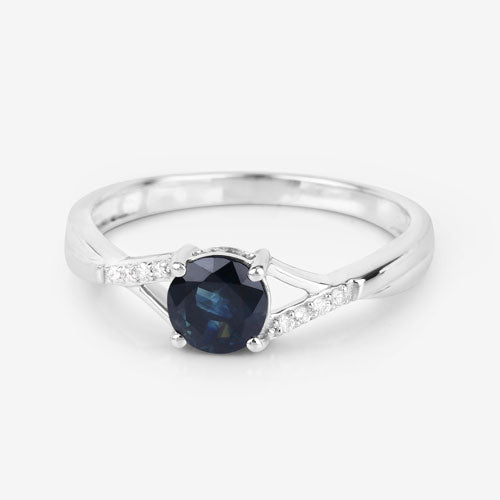 0.88 Carat Genuine Blue Sapphire and White Diamond 14K White Gold Ring