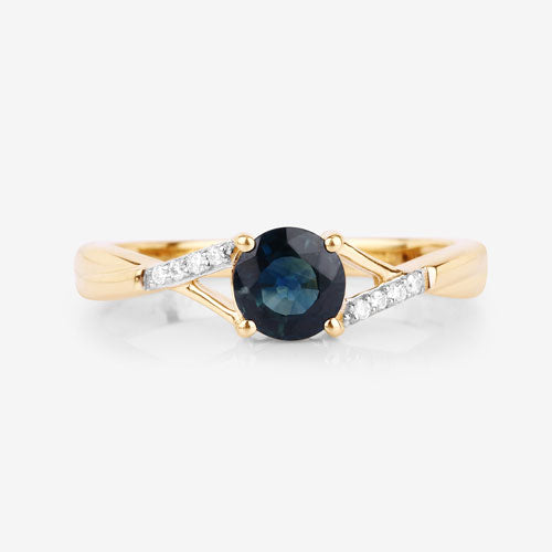 0.88 Carat Genuine Blue Sapphire and White Diamond 14K Yellow Gold Ring