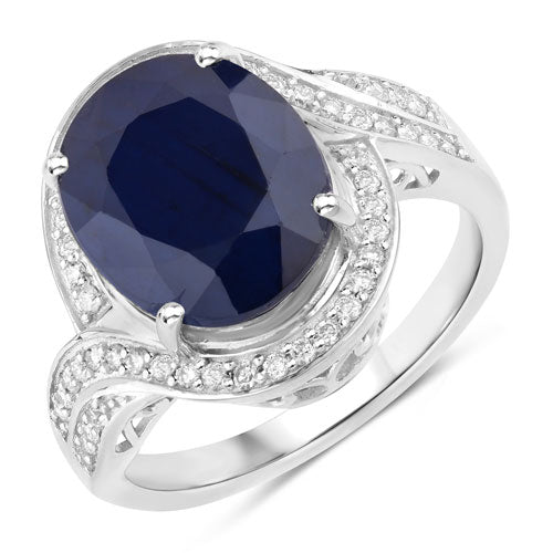 6.52 Carat Genuine Blue Sapphire and White Diamond 14K White Gold Ring