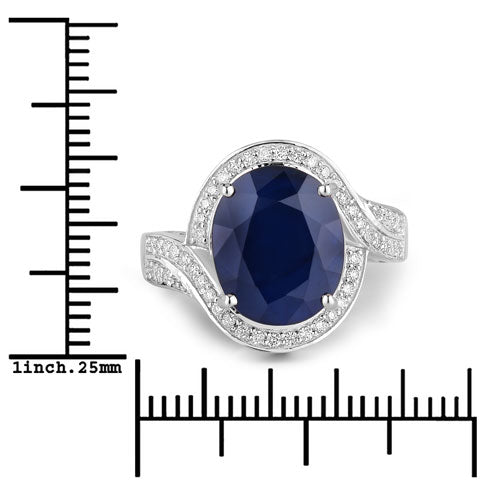 6.52 Carat Genuine Blue Sapphire and White Diamond 14K White Gold Ring