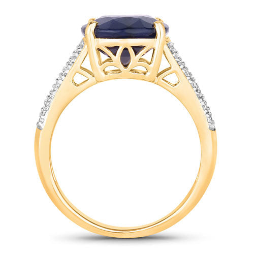 6.49 Carat Genuine Blue Sapphire and White Diamond 14K Yellow Gold Ring