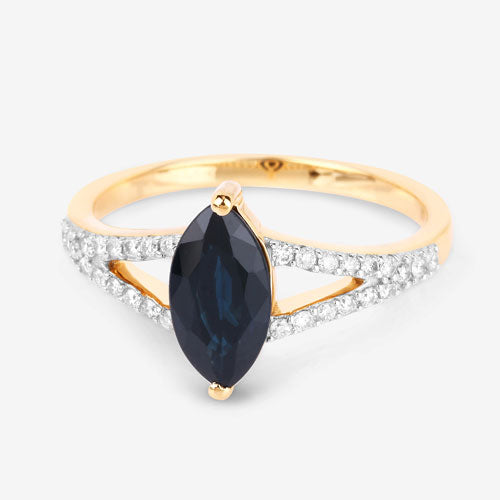 1.50 Carat Genuine Blue Sapphire and White Diamond 14K Yellow Gold Ring