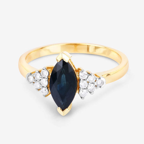 1.47 Carat Genuine Blue Sapphire and White Diamond 14K Yellow Gold Ring