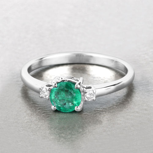 0.71 Carat Genuine Zambian Emerald and White Diamond 14K White Gold Ring