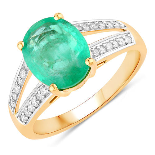 2.29 Carat Genuine Zambian Emerald and White Diamond 14K Yellow Gold Ring
