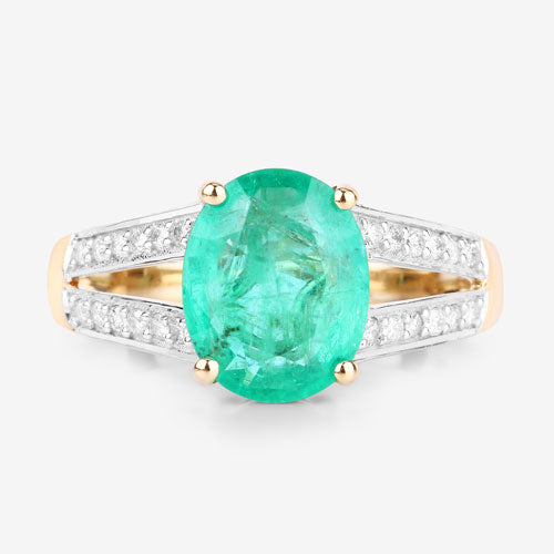 2.29 Carat Genuine Zambian Emerald and White Diamond 14K Yellow Gold Ring