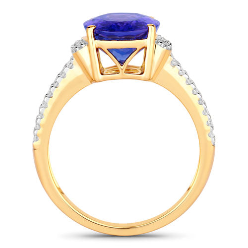 4.20 Carat Genuine Tanzanite and White Diamond 14K Yellow Gold Ring