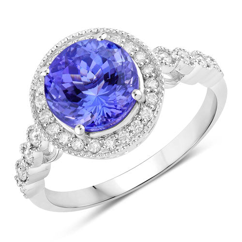 3.21 Carat Genuine Tanzanite and White Diamond 14K White Gold Ring
