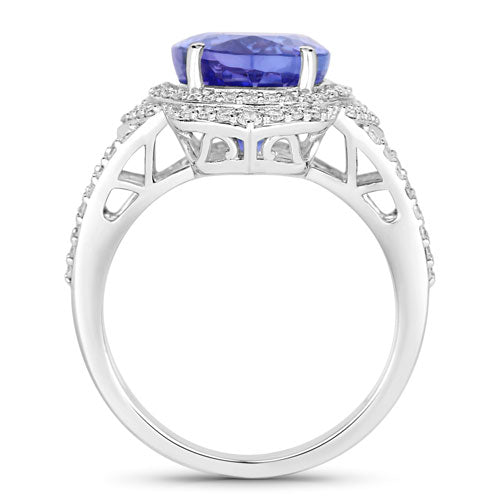 6.56 Carat Genuine Tanzanite and White Diamond 14K White Gold Ring