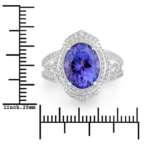 6.56 Carat Genuine Tanzanite and White Diamond 14K White Gold Ring