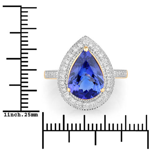 3.37 Carat Genuine Tanzanite and White Diamond 14K Yellow Gold Ring