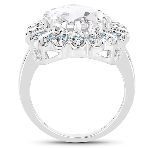 5.90 Carat Genuine Crystal Quartz and Swiss Blue Topaz .925 Sterling Silver Ring