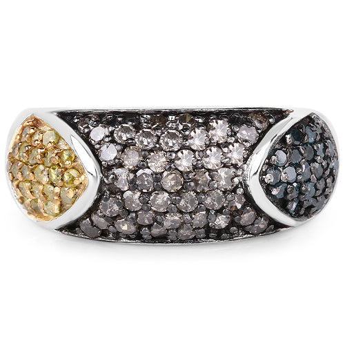 0.95 Carat Genuine Blue Diamond, Champagne Diamond & Yellow Diamond .925 Sterling Silver Ring