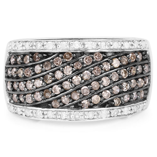 0.87 Carat Genuine Champagne Diamond and White Diamond .925 Sterling Silver Ring