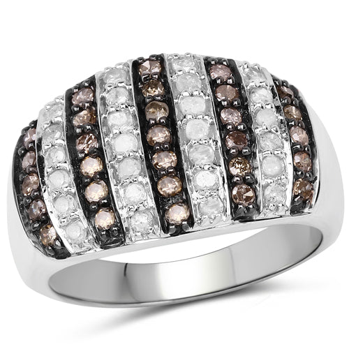 0.83 Carat Genuine Champagne Diamond and White Diamond .925 Sterling Silver Ring